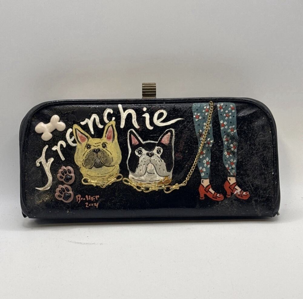 Vintage Y2K Hand Painted French Bulldog Black Clutch Wallet Dog Mom Novelty 2004